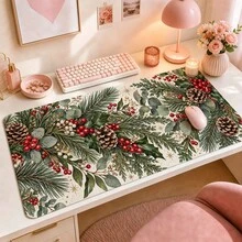 Vintage Christmas Floral Patchwork Desk Mat, 1pc Extended Mouse Pad With 4 Styles, Gingerbread Bow Holly And Candy Cane Design, Polyester Surface With Non-Slip Rubber Base For Office, Home, Dorm And Gaming, 3 Sizes Available - View 4