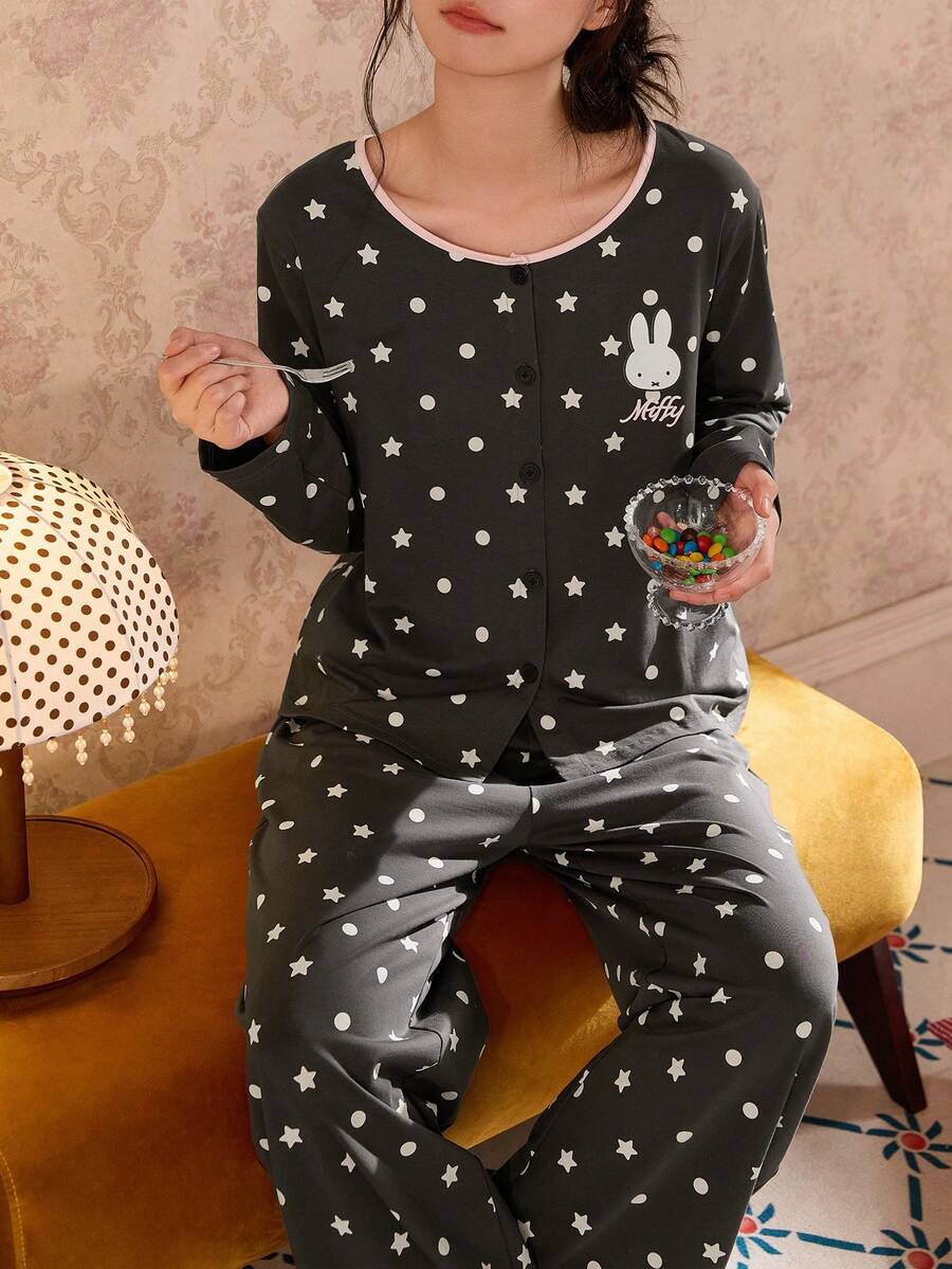 Gongdie Bộ đồ ngủ nữ Miffy 2 món mùa thu màu xám, chất modal cotton mềm, đồ mặc nhà có viền hồng và túi - Màu xám đen - Xem 1