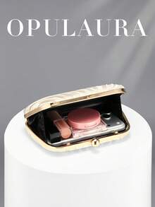 OpulAura 復古奢華手拿包，杏色亮面百褶設計時尚派對包，正式晚宴手拿包，高端小方包，適合派對/婚禮/正式場合晚餐活動女士包，附鏈條 - 杏色 - 查看 3