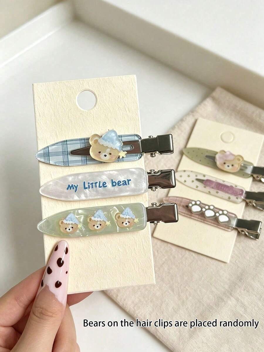 3pcs Cartoon Bear Hair Clips, Seamless Duckbill Side Clips, Sweet Versatile Style For Girls, Makeup Bangs & Loose Hair Clips (Bear Position Random) - Multicolor - View 1