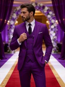 Men's 3 Pieces Suit Set, Solid Color Double-Breasted Vest + Blazer + Trousers, Formal Wedding Party Tuxedo - Purple - View 3