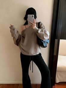Y6Y 休閒時尚寬鬆不對稱肩女款運動衫，2025新款秋冬長袖上衣 - 淺咖色 - 查看 5