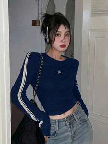 女款初秋條紋短版修身長袖上衣 - 藏蓝色 - 查看 1