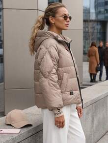 Women's Quilted Hooded Jacket With Zip Front, Elastic Cuffs And Side Pockets - Camel - View 4