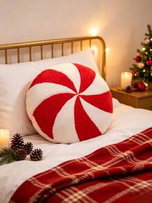 Christmas Round Throw Pillow, Red And White Candy Swirl Pattern Cushion, Soft Decorative Plush Pillow, Suitable For Christmas Home Party Sofa Decor - Multicolor - View 1