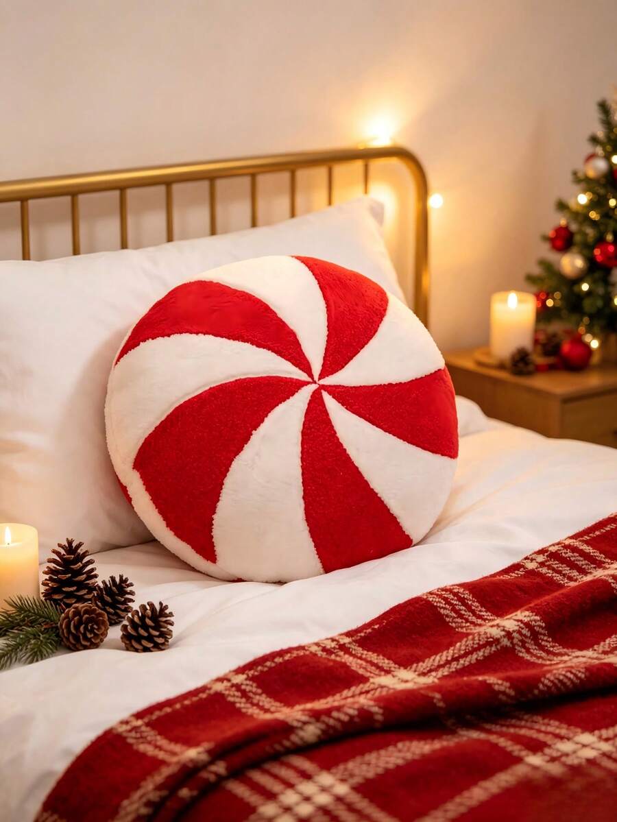 Christmas Round Throw Pillow, Red And White Candy Swirl Pattern Cushion, Soft Decorative Plush Pillow, Suitable For Christmas Home Party Sofa Decor - Multicolor - View 1