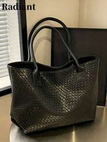 Women's Large Capacity Solid Color Woven Texture Tote Bag, Unique Design Shoulder Handbag, Versatile For Commuting, Shopping And Daily Outings - Black - View 1