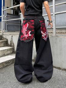 Infinite Jeans 1pc American Street Fashion Men's Large Pocket Embroidered Wide Leg Loose Comfortable All Season Denim Jeans Long Pants (Product Does Not Include Belt And Accessories) - Black - View 4