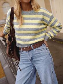 Live To Mo Women's Retro Colorblock Striped Crew Neck Knit Sweater, Drop Shoulder Loose Fit Long Sleeve Knit Top, Suitable For Autumn Back To School And Daily Wear - Yellow and Gray Stripes - View 4