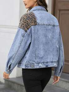 GILIPUR Women Street Style Leopard Print Contrast Patchwork Denim Jacket, Washed Ripped Flap Pockets Loose Fit Outerwear - Blue - View 2