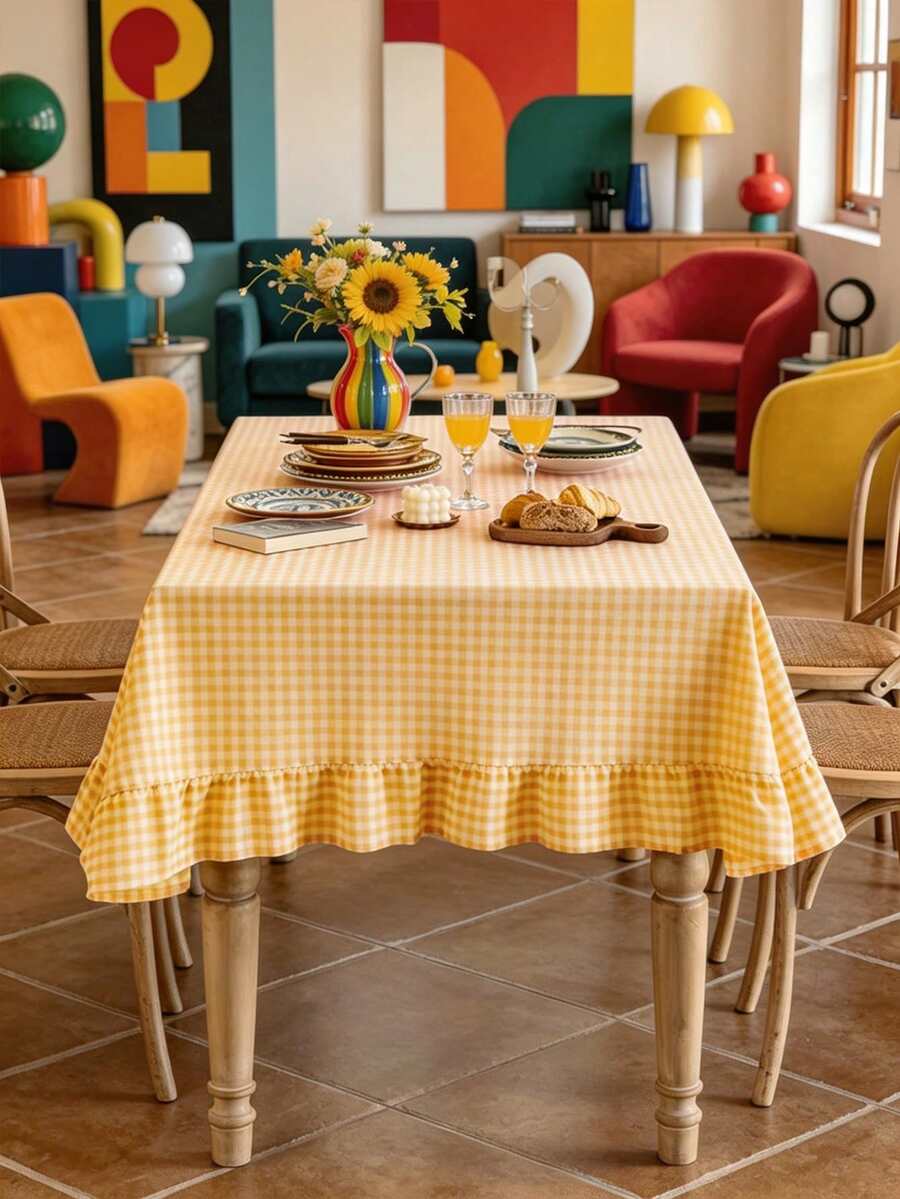 1PC French Vintage Plaid Tablecloth, Farmhouse Retro Style, With Scalloped Edge, Skin-Friendly Washable And Reusable, Suitable For Home Kitchen Dinner Outdoor Activities Living Room Dining Room Party Gathering Daily Decoration - Yellow - View 1