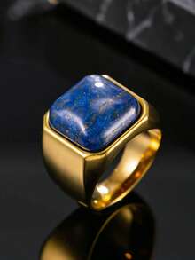 Lapis Lazuli Ring Men's Stainless Steel 18K Gold Plated Minimalist Style Jewelry Daily Wear Holiday Gift - Yellow Gold - View 1