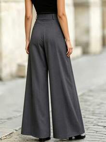 Women's Fashion Commute Casual High Waist Pleated Wide Leg Pants Solid Color With Pockets - Dark Grey - View 2