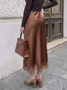 1pc Spring/Autumn Premium Coffee-Colored Lace Patchwork Hem Drape Slimming Skirt, Casual Commute - Brown - View 2