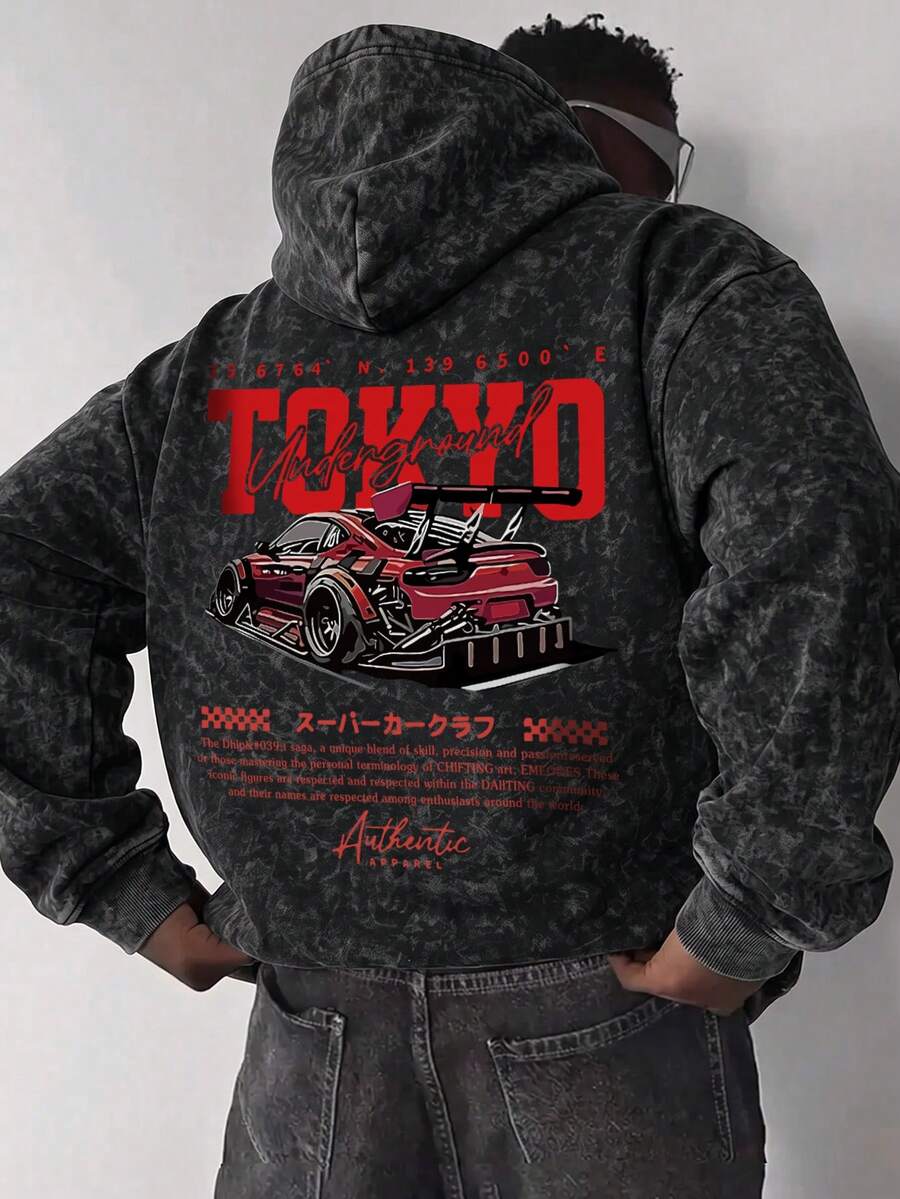 男士秋冬極簡時尚休閒賽車英文字印花水洗袋鼠口袋抽繩連帽衛衣 - 黑色 - 查看 1