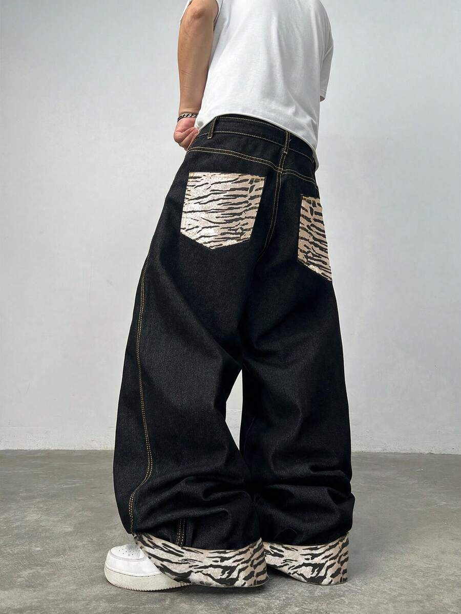 Justice Brother 1pc American Street Style Personalized Design Tiger Stripe Patchwork Men's Denim Jeans, Loose Wide Leg Pants, Fashionable Versatile Long Pants For All Seasons (Belt/Accessories Not Included) - Black - View 1