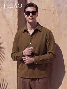 Men's Casual Single-Breasted Long Sleeve Shirt, Suitable For Daily Wear - Brown - View 5
