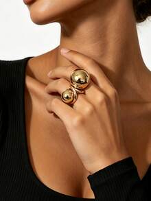 1pc Vintage Luxury Style Wrapped Gold Metal Double Large Round Black Faux Gemstone Open Ring, Exaggerated Heavy Crafting Personalized Banquet Outfit Accessory For Women - Yellow Gold - View 2