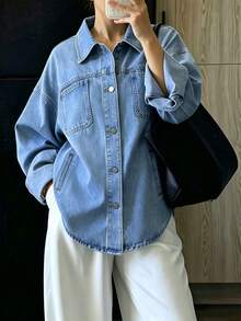 Women's Casual Loose Denim Shirt Jacket With Pockets - Medium Wash - View 1