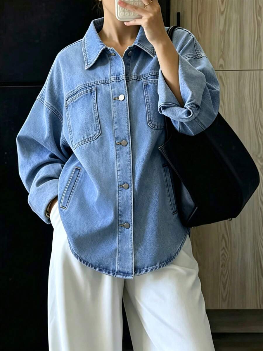 Women's Casual Loose Denim Shirt Jacket With Pockets - Medium Wash - View 1