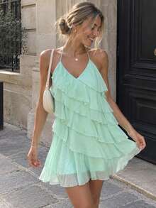 Mini Halter Dress Women's Ruffle Layered Dress Backless Sleeveless Flowy Dress Mint Green V Neck Sundress Summer Tie Back Short Beach Dresses Woman - Mint Green - View 2