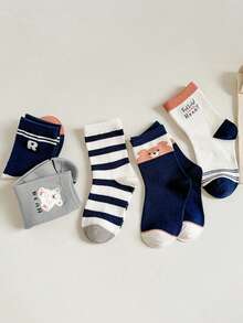 5 Pairs Medium-Thick Kids Socks For Spring, Autumn And Winter, Cute Cartoon Bear Boys And Girls Socks, Navy Blue - Multicolor - View 7