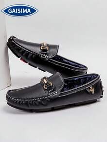 GAISIMA Men's Black Thermal Lined Loafers, Gold Buckle Metal Decor Business Slip-On Driving Shoes, Suitable For Daily Wear And Parties, Autumn/Winter Plus Size - Black - View 1