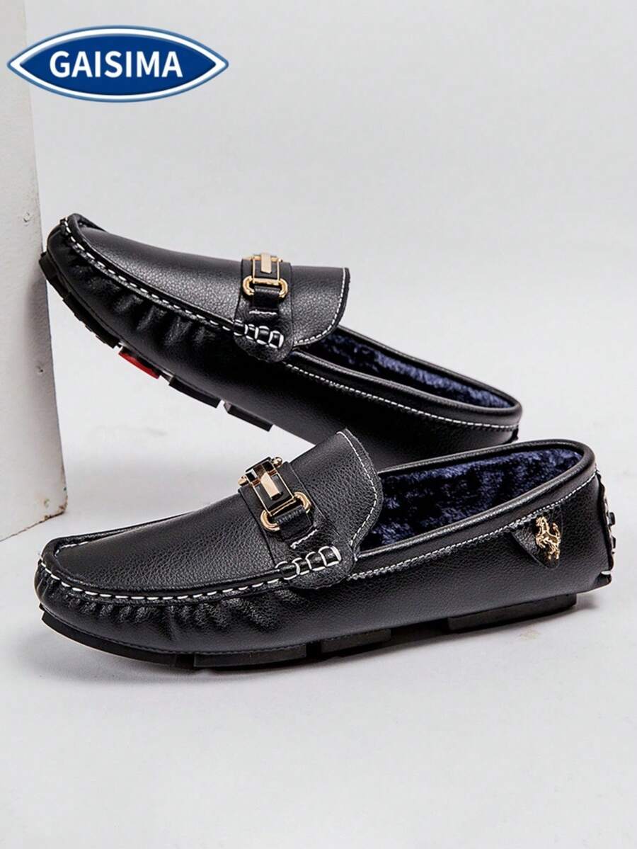 GAISIMA Men's Black Thermal Lined Loafers, Gold Buckle Metal Decor Business Slip-On Driving Shoes, Suitable For Daily Wear And Parties, Autumn/Winter Plus Size - Black - View 1