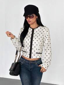 French Vintage Black & White Polka Dot Short Jacket For Women, Round Neck Contrast Black Trim Zipper Fake Pocket Design Fitted Short Jacket - Black and White Dots - View 1