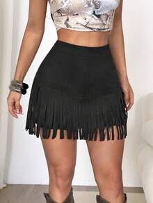 Apperloth A Y2K Black Mini Skirts Suede High Waist Fringe Hem Bodycon Skirt With Back Invisible Zipper For Women Daily Going Out Halloween Costume Rave Partywear - Black - View 4