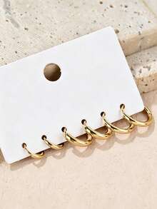 3 Pairs Simple Versatile Stainless Steel Small Hoop Earring Set Suitable For Women's Daily Vacation Party Wear - Yellow Gold - View 2