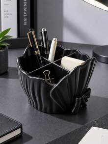 Bowknot Ruffle Shell Design 4-Slot Toothbrush Holder, Bathroom Countertop Toothpaste Makeup Brush Storage Rack, Multi-Functional 3D Printed Desktop Small Item Sorting Storage Basket, Home Use - Multicolor - View 7