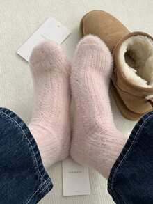 1/3/6 Pairs Solid Color Polka Dot Fuzzy Knitted Socks, Long/Mid-Calf Thermal Lined Warm Socks, Autumn/Winter Ins Style - Multicolor - View 6