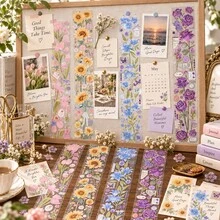 Cinta adhesiva larga de PET para embalaje, pegatina decorativa creativa con diseño floral, material DIY para planificador - Multicolor - Ver 3