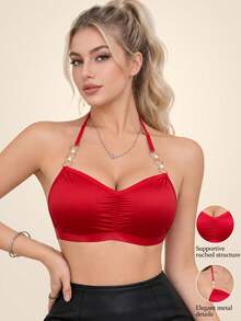 Sujetador cómodo de mujer de color liso con diseño fruncido y hebilla anular (sin relleno) - Rojo - Ver 1
