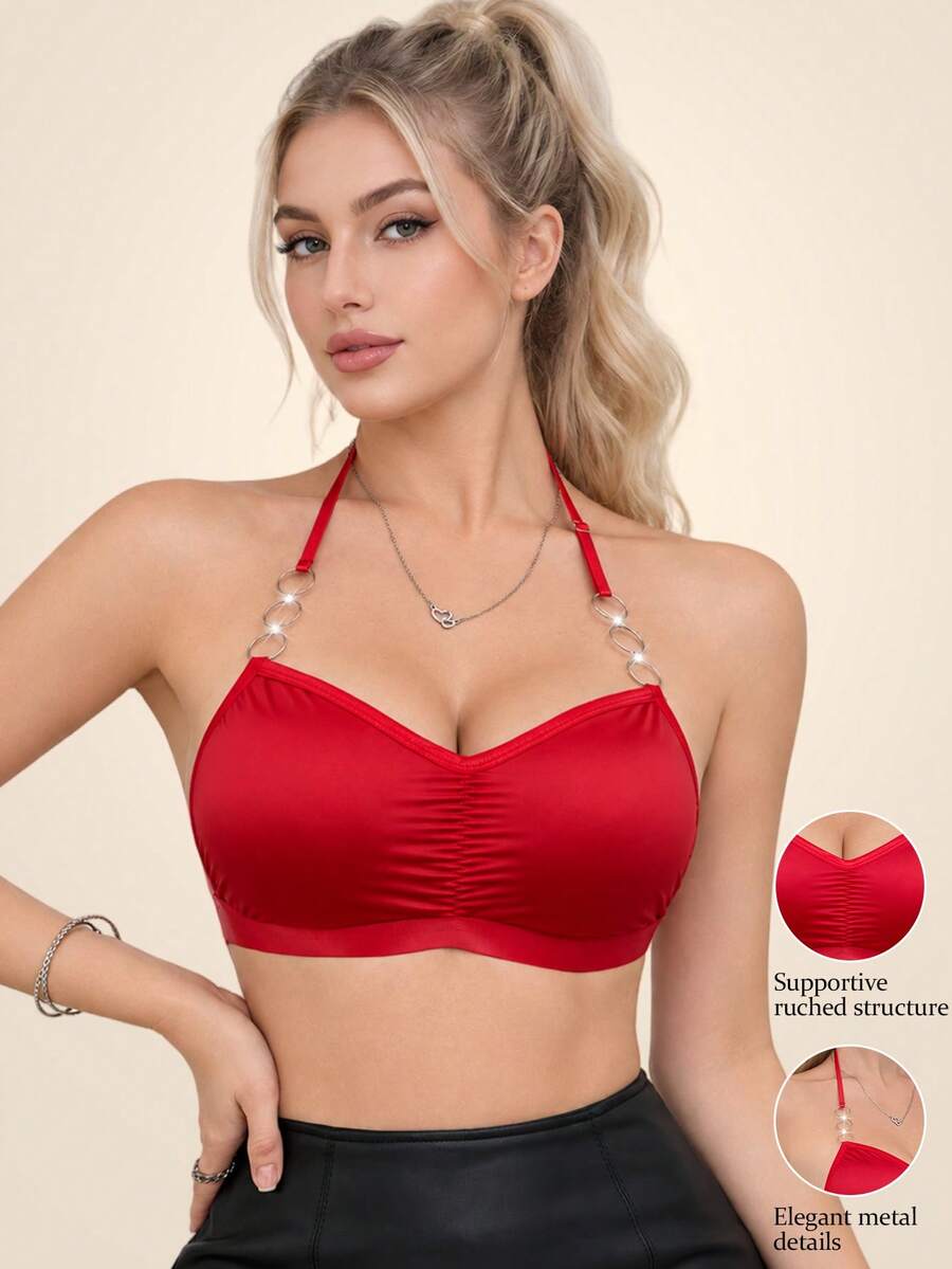 Sujetador cómodo de mujer de color liso con diseño fruncido y hebilla anular (sin relleno) - Rojo - Ver 1