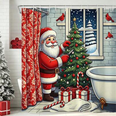 1pc Santa Claus Shower Curtain, Christmas Tree Gift Red Bird Decor, Christmas Holiday Bathroom Partition Curtain - Suitable For Bathroom Decoration, Bathroom Curtain - Easy To Clean, Exquisite Home Decor, Bathroom Partition Curtain, Decorative Shower Curtain, Bathroom Accessories Home Decor Gift - Includes 12 Hooks