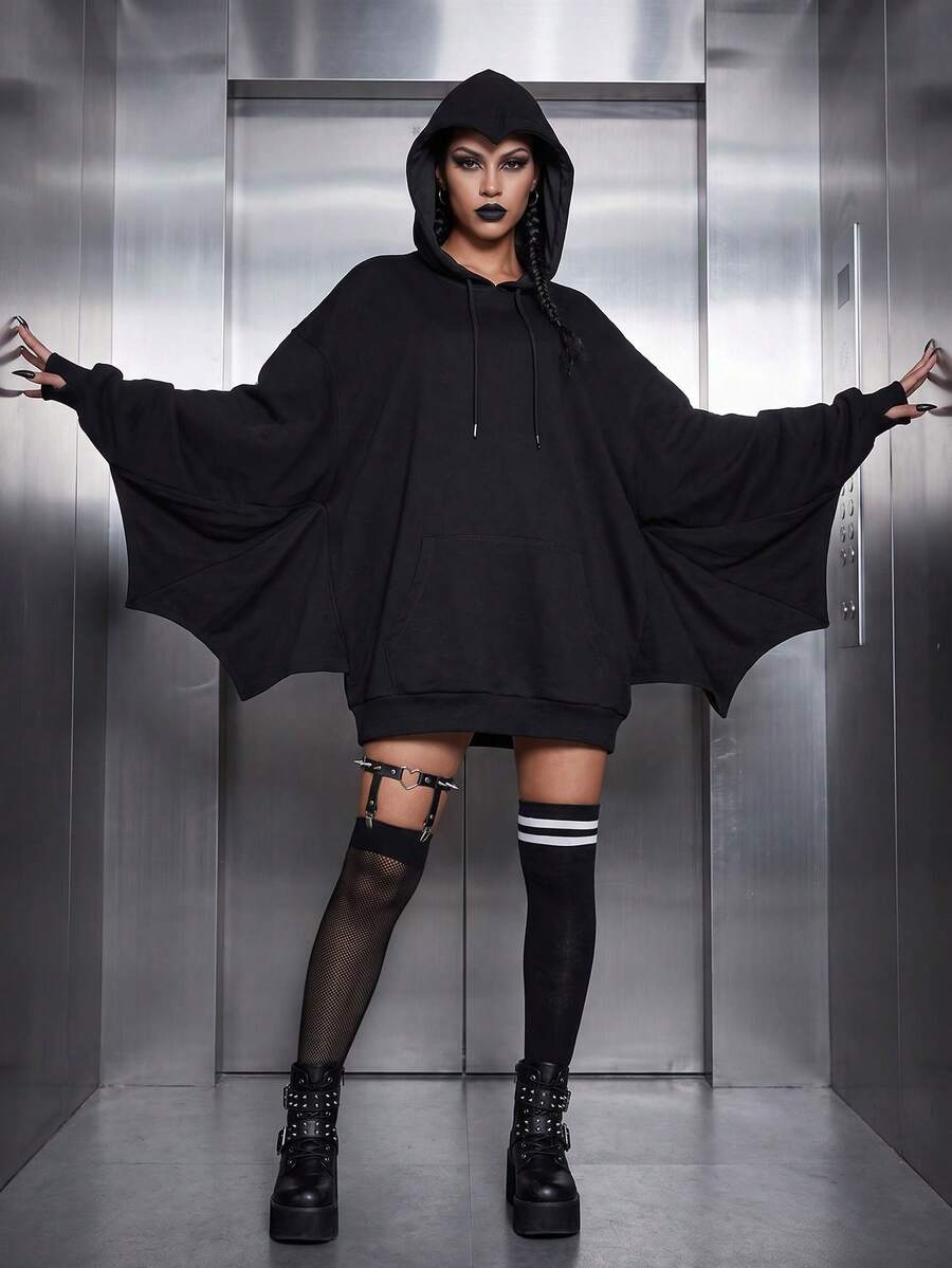 Women's Halloween Batwing Sleeve Drawstring Pockets Oversized Hoodies For Holiday Fall/Winter,Halloween Costume,Winter Fall Outfit,Winter Fall Clothes - Black - View 1