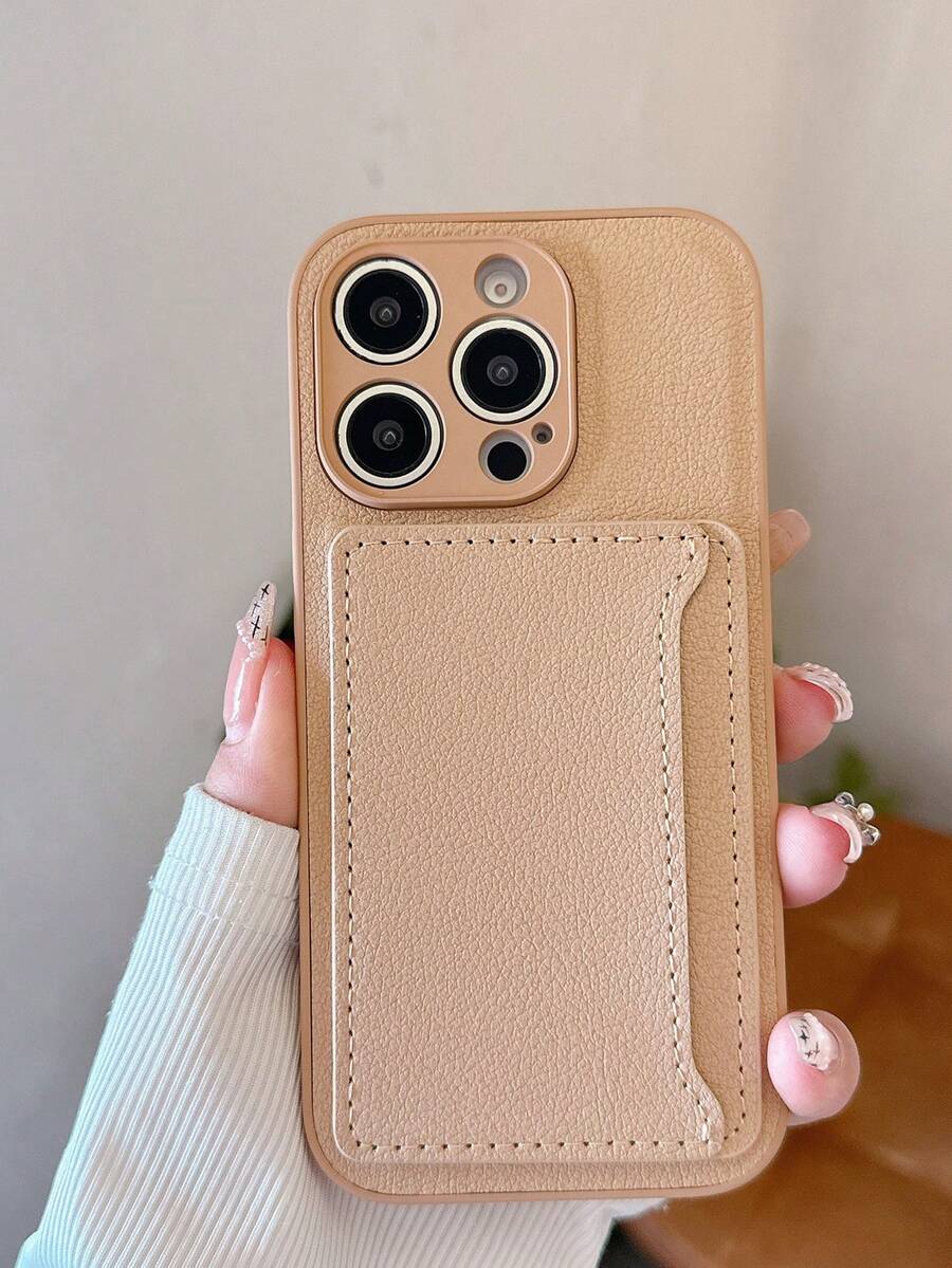 Autumn/Winter Atmosphere Earthy Light Coffee Leather Texture Card Holder Phone Case, Card Holder Phone Case, Compatible With Iphone 17 Pro Max/18 Pro Max/16/15 Phone Case Large Window Ultra Thin Apple 16 Shockproof Cross-Border, Phone Protection - Light Khaki - View 1
