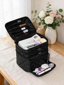 1pc Black Large Capacity 3-Layer Makeup Bag, Multi-Compartment Design Handheld Storage Bag, Multi-Functional Toiletry Bag, Suitable For Daily Use And Travel - Black - View 2