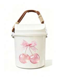 Cute Bow Cherry Print Flip Lid Car Trash Can, Japanese Style Cute Hanging Trash Bin, Multi-Functional Desktop Storage Bucket, Makeup Brush Holder, Portable Car Interior Organizer Box - A - View 15
