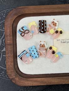 10pcs/Set Y2K Nails Handmade, Cute Nails, Pink Nails, 3D Kitten Pattern Nails & 3D Button Nails, Brown Stripe Nails, Perfect For Parties & Daily Wear. Square Nails. Handmade Press On Nails Square, Short Nails, Fake Nails, Handmade Nails, Fall Nails - Multicolor - View 10