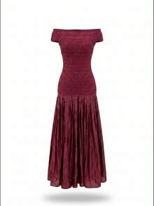 New Sexy Burgundy Off-Shoulder Heavy Rhinestone Evening Gown With Pleated Full Skirt, Bandage Long Dress, Elegant Women's Formal Evening Party Dress - Red - View 8