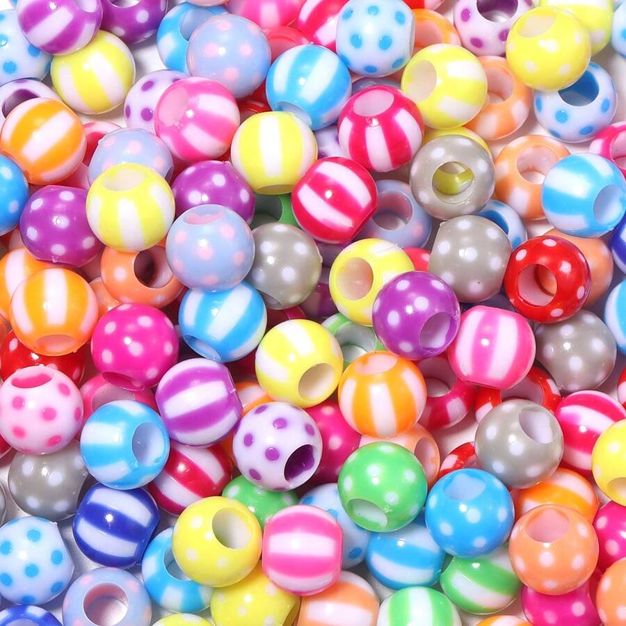 100pcs/Pack Acrylic Pumpkin Random Mixed Color Large Hole Barrel Beads, Colorful Striped Candy Color Round Beads, Watermelon Dual-Color Vertical Stripe Loose Beads, DIY Bracelet Beading Pen Hair Accessory Parts