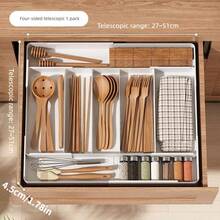 1pc Expandable Cutlery Tray, Adjustable Utensil Organizer, Plastic Kitchen Drawer Storage Box, Multi-Compartment Design, Spoon Fork Knife Holder, Also Suitable For Cosmetics Stationery Bathroom, White - Multicolor - View 3