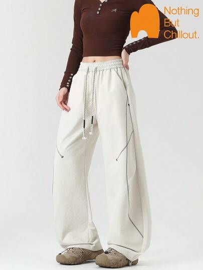 NBCT New Women's Brand 3D Deconstructed Contrast Stitching Design, Woven Drawstring Waistband, Loose Casual Streetwear Comfortable Versatile Sports Long Pants