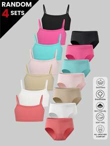 4 Sets Girls Random Color Training Bra And Mid Waist Panties Set Casual Cami Underwear Multipack For Teens Everyday Wear Essentials - Multicolor - View 1