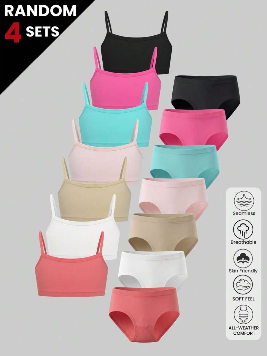 4 Sets Girls Random Color Training Bra And Mid Waist Panties Set Casual Cami Underwear Multipack For Teens Everyday Wear Essentials - Multicolor - View 1