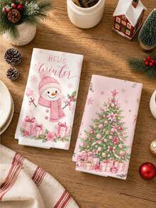 2pcs Christmas Pink Christmas Tree & Snowman Pattern Kitchen Towels, Soft Polyester Dish Cloths, Suitable For Kitchen Decor, Kitchen Cleaning, Holiday Party Decoration, Kitchen & Bathroom Supplies, Home Essentials, Home Decor, Housewarming Gift - Multicolor - View 6