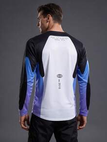 HISERWA Men's Starry Print Cycling Jersey - Blue And Purple Colorblock Long Sleeve T-Shirt - Motorcycle Brand - Tech-Inspired Sporty Style - Black - View 3